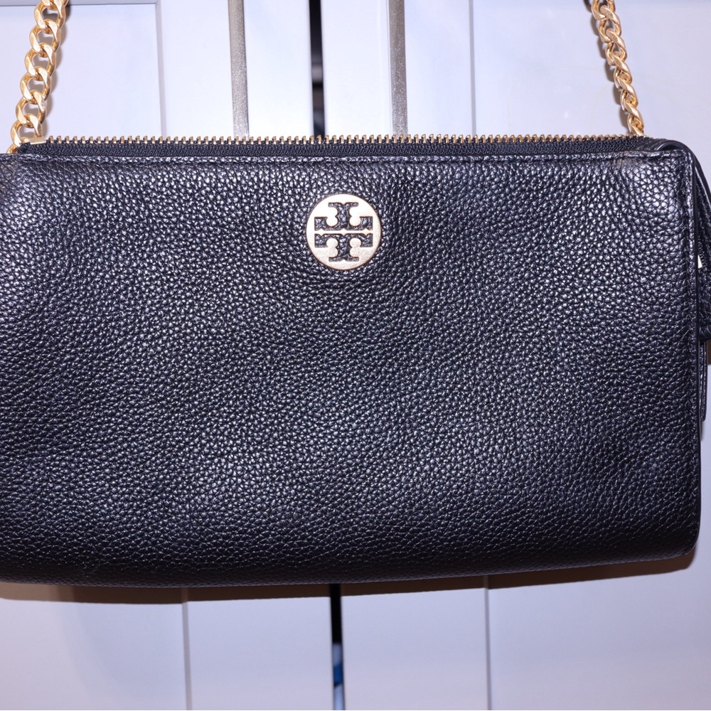 Tory Burch Black Leather Clutch with Gold Chain